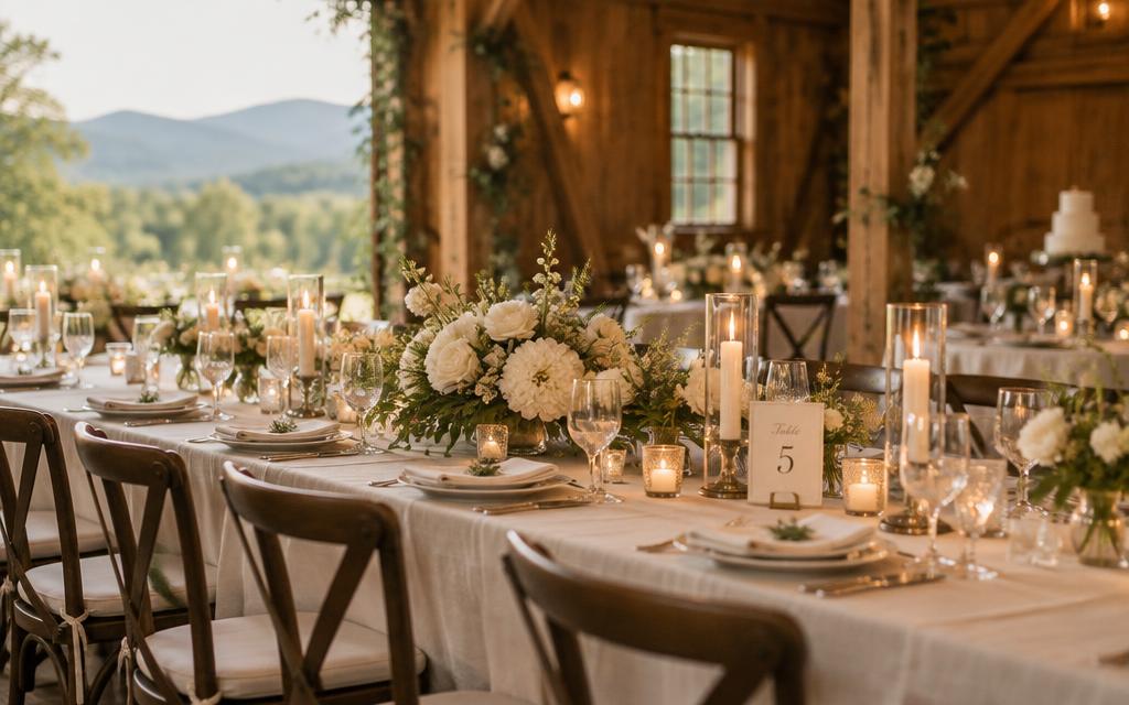 Candlelit barn wedding reception table